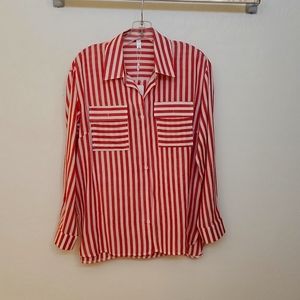 Over sizes red stripe blouse, size medium, rayon, and cotton, by Omsj